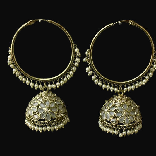 Pair of gold hoop earrings with floral designs on a black background