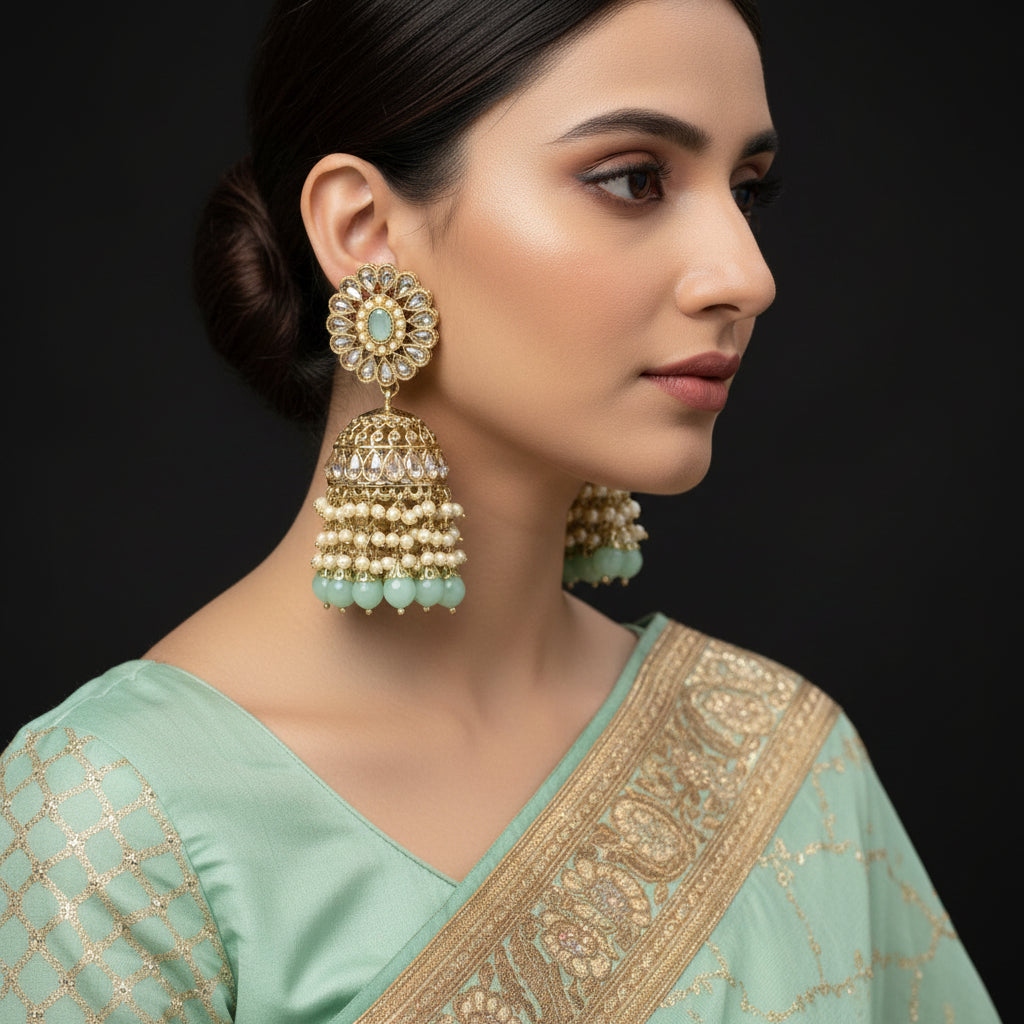 Ornate gold and turquoise earrings with 'Saheli' branding on a black background