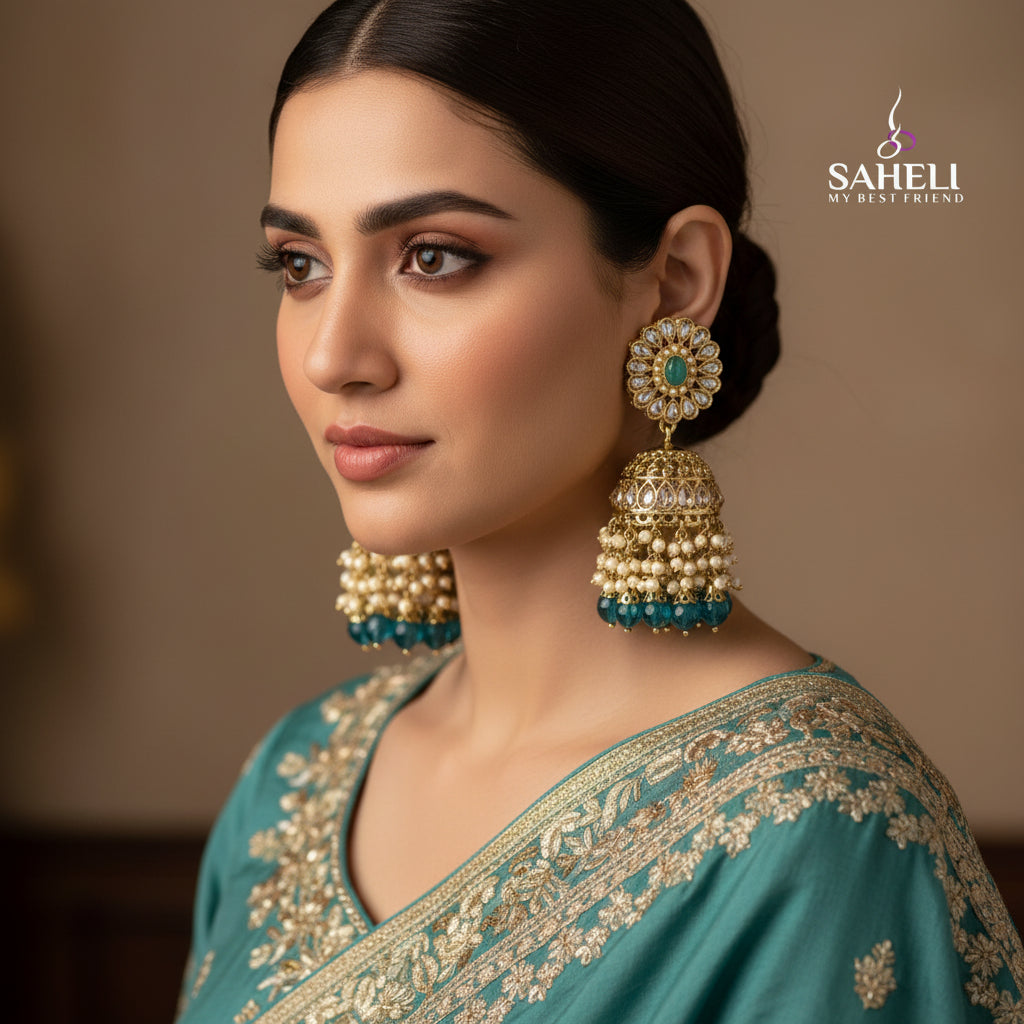 Ornate earrings with blue and gold details on a black background, featuring the brand 'Saheili'.