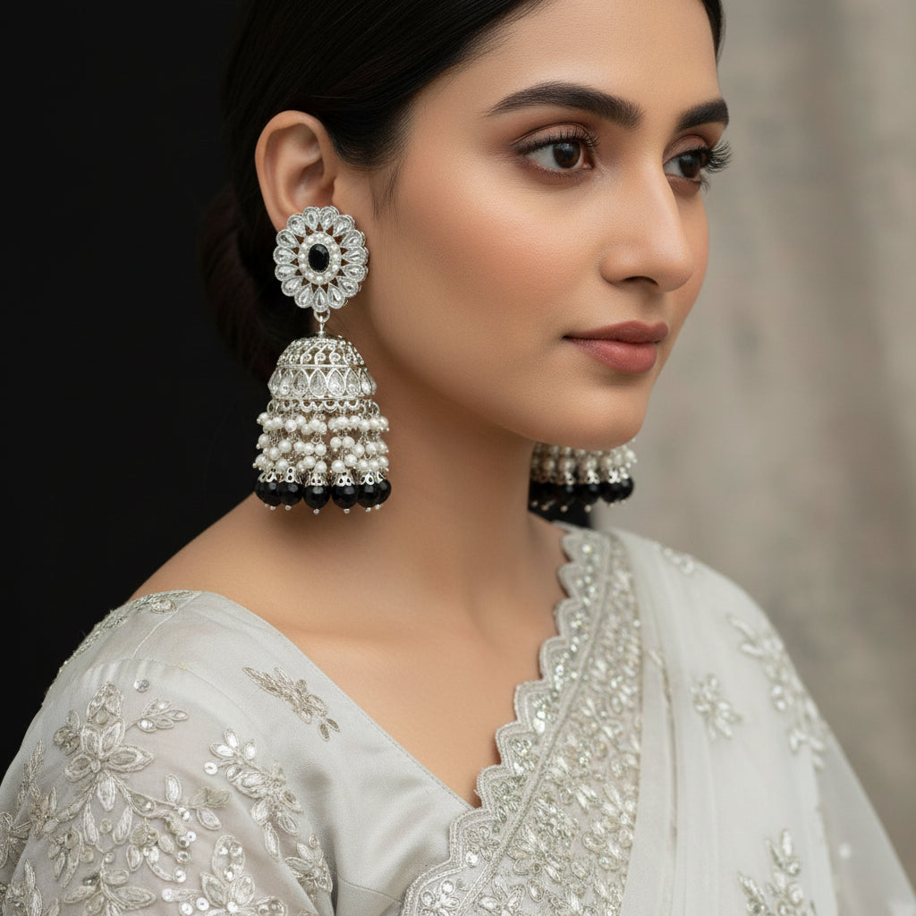 Pair of silver and pearl jhumka earrings with a black background, featuring the brand 'Saheili'.