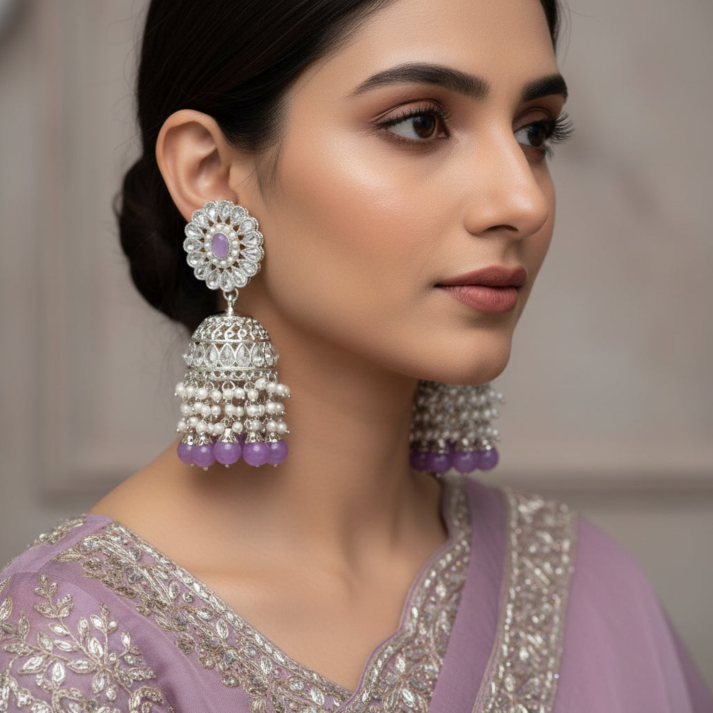 Jewelry earrings with purple beads and floral top design on a black background, brand 'Saheli' visible.