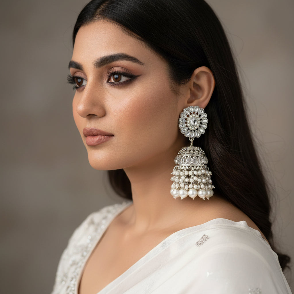 Pair of silver and pearl earrings with 'Saheli' branding on a black background