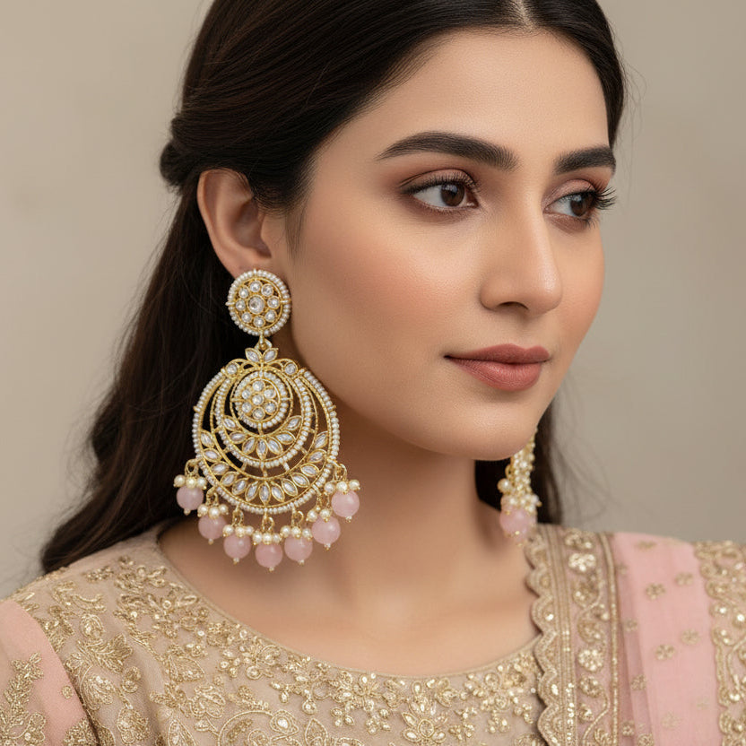 Ornate gold earrings with pink stones on a black background