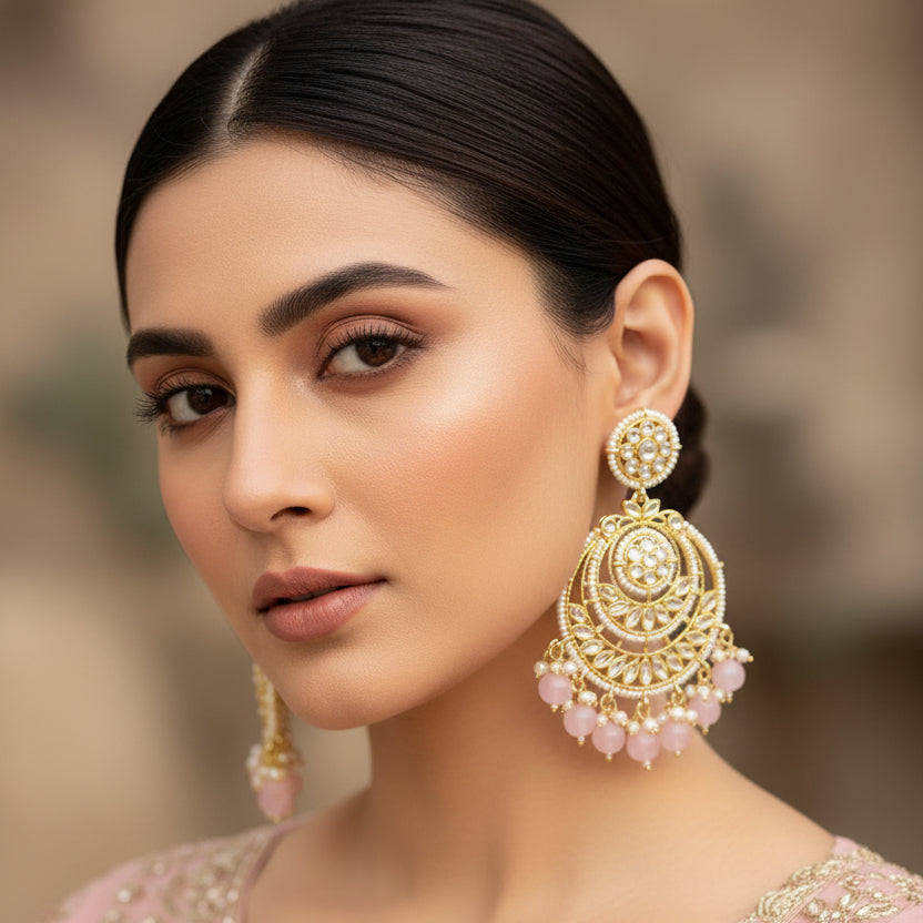 Ornate gold earrings with pink stones on a black background
