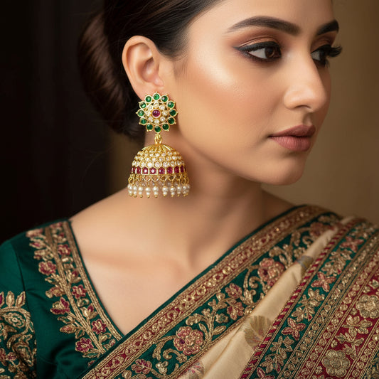 Gold jhumka earrings with green, red, and white stones on a black background, featuring the Saheli brand.
