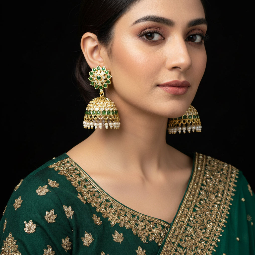 Gold and green earrings with 'SAHELI' branding on a black background