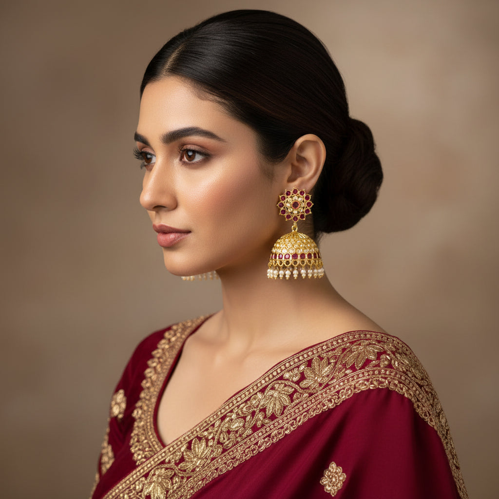 Gold and red gemstone earrings with 'Saheli' branding on a black background