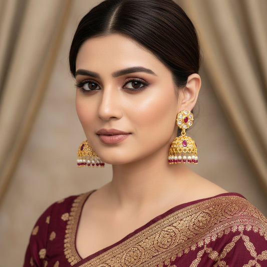 Gold earrings with red and white stones on a black stand, branded 'Saheli'.