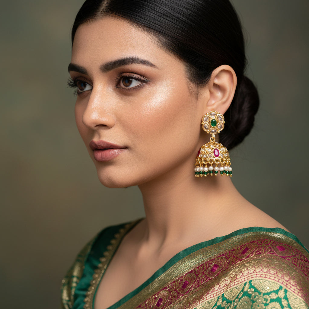 Gold earrings with gemstones on a black stand, branded 'Saheli'.