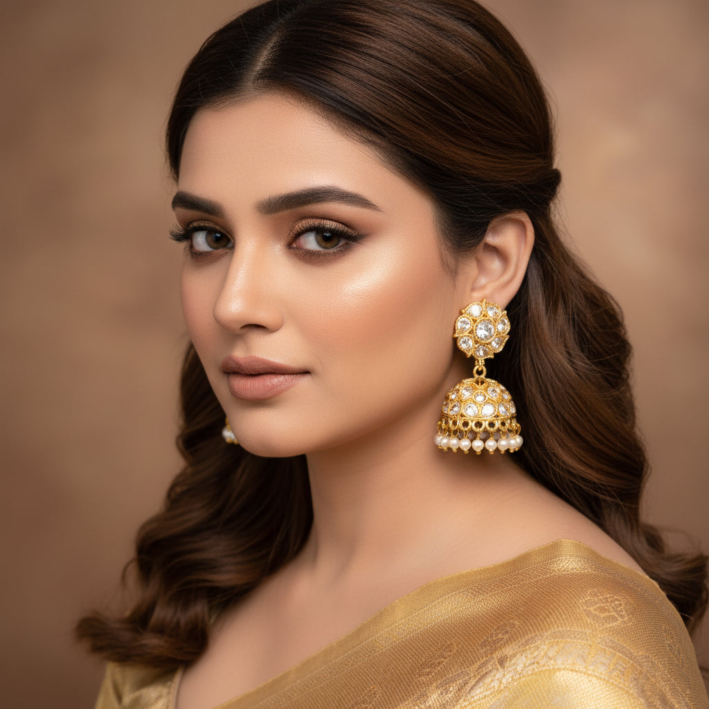 Gold and pearl earrings on a black stand with 'Saheli' branding.