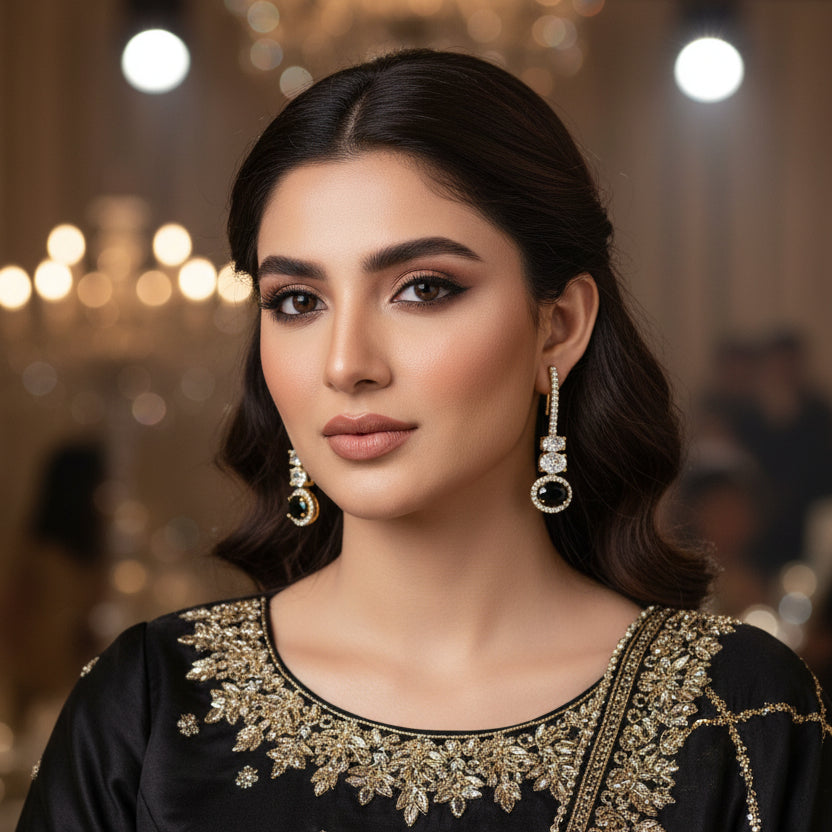 Pair of diamond earrings on a black stand with 'SAHELI' branding.