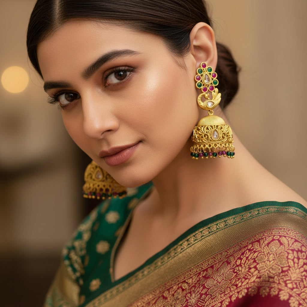 Gold earrings with colorful gemstones on a gray stand against a light blue background