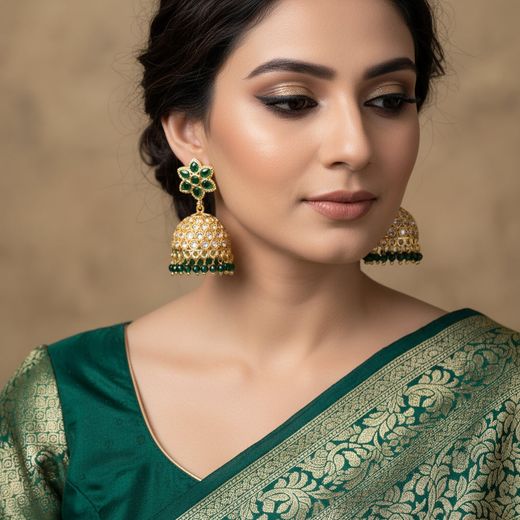 Gold and green earrings with 'Saheli' branding on a dark background