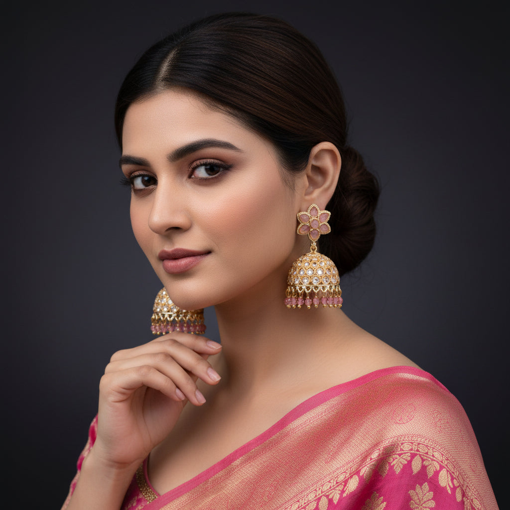 Ornate gold and pink earrings on a dark background with 'Saheli' branding.