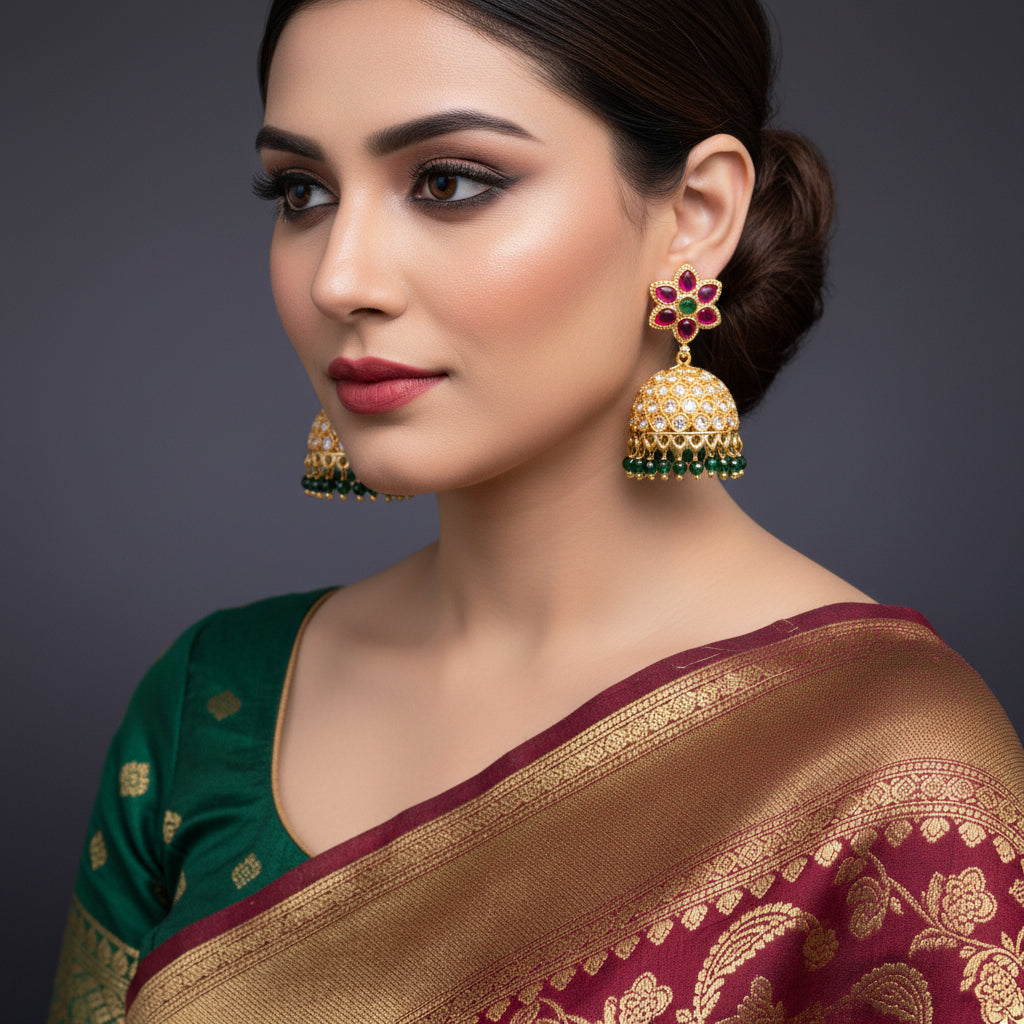 Gold earrings with gemstones on a dark background, featuring the brand 'Saheli'.