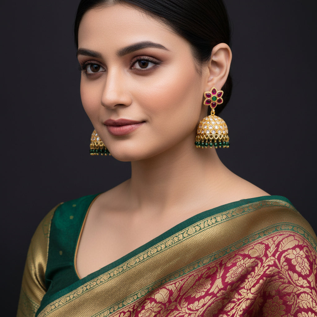 Gold earrings with gemstones on a dark background, featuring the brand 'Saheli'.