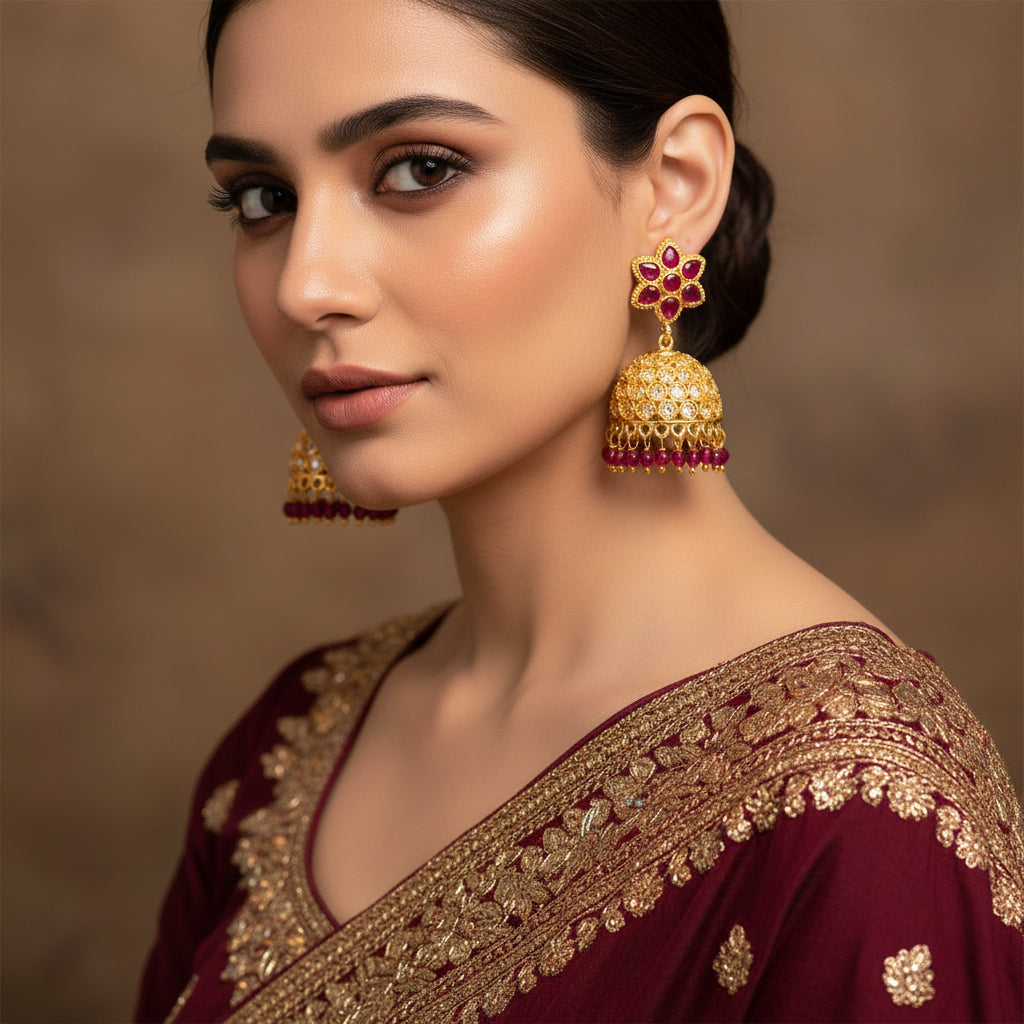 Gold and red earrings on a wooden surface