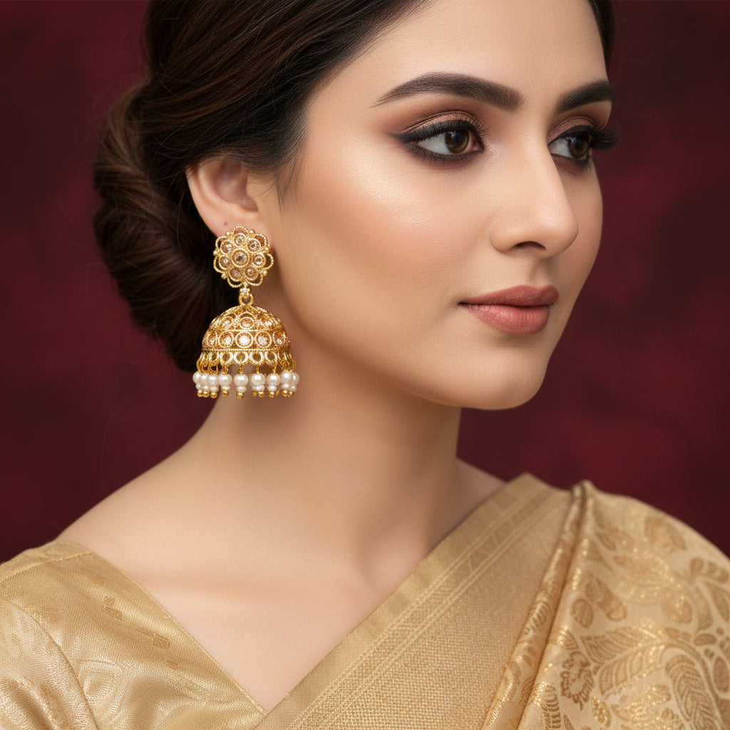 Gold and pearl earrings on a dark background with 'Saheli' branding.
