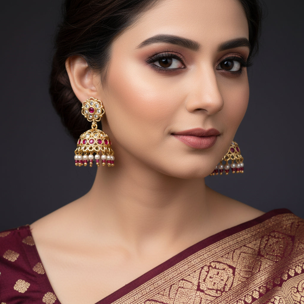 Ornate gold earrings with red and white stones on a dark background, featuring the brand 'Saheli'.