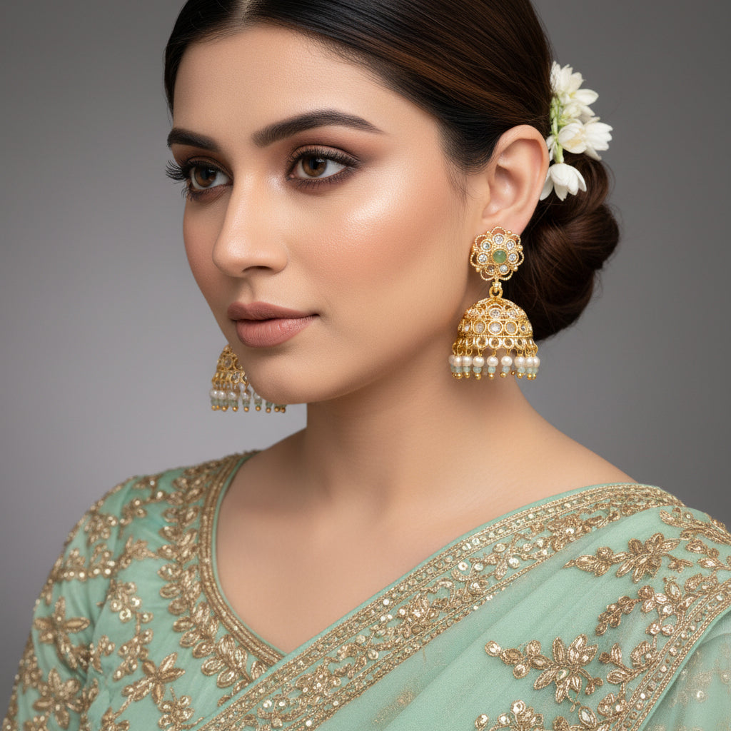 Gold and pearl earrings on a dark background with 'Saheli' branding.