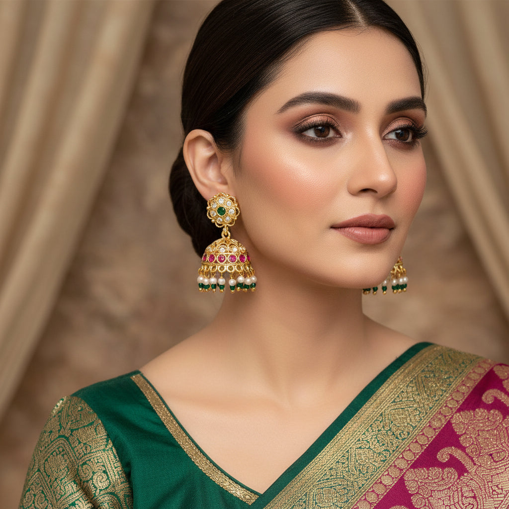 Ornate earrings with gemstones on a dark background, featuring the brand 'Saheli'.