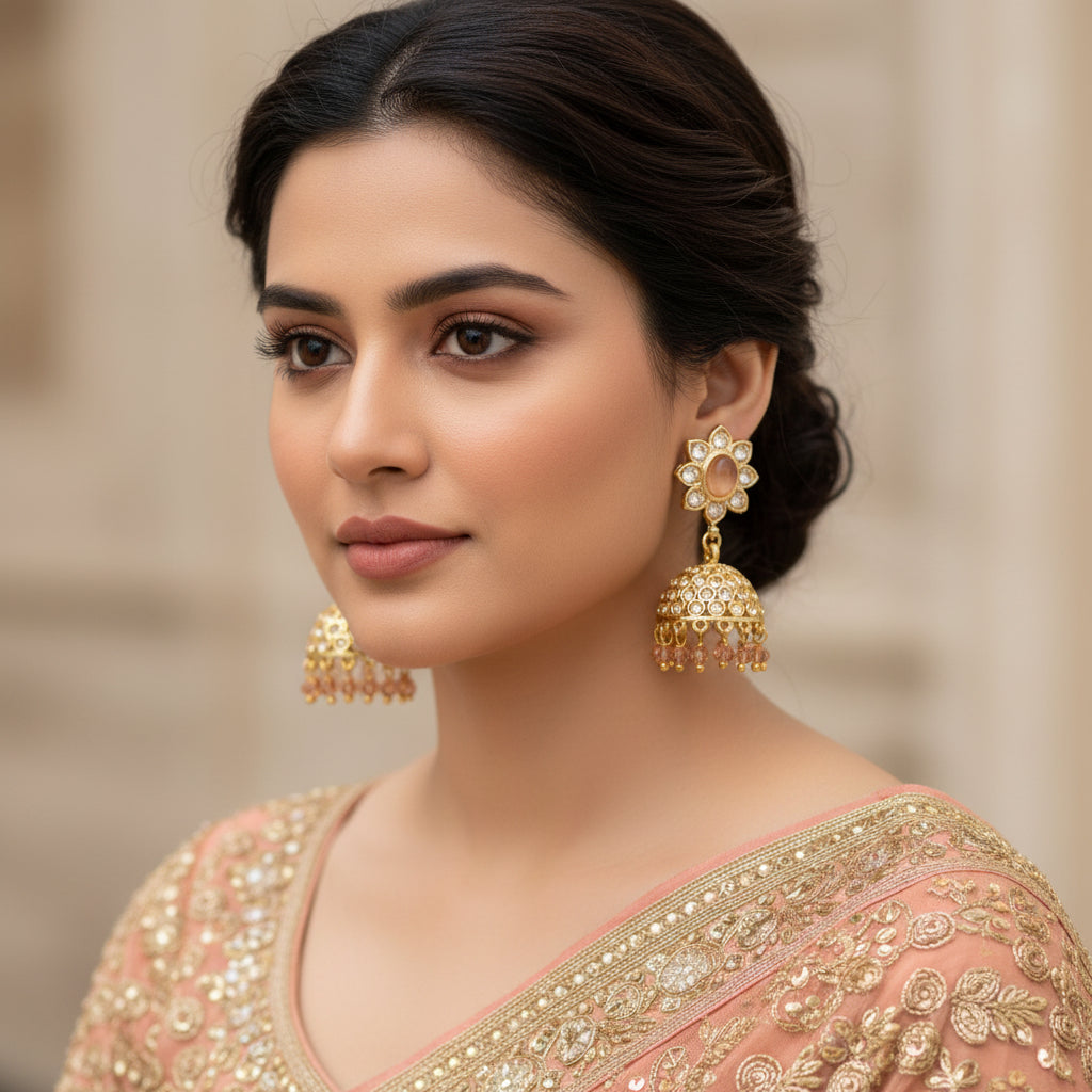 Gold earrings with gemstones on a dark background, featuring the brand 'Saheli'.