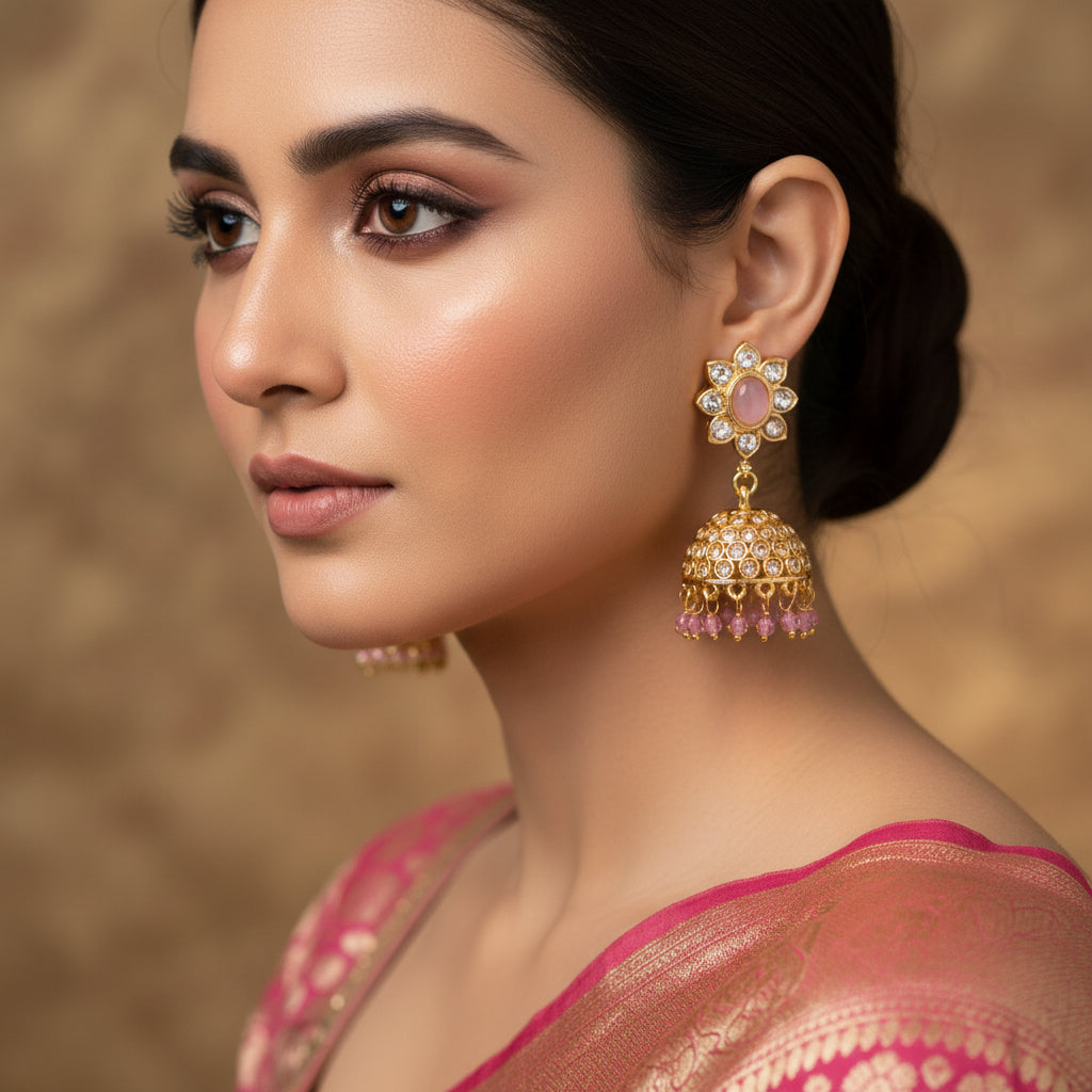 Gold earrings with pink stones on a black stand, branded 'Saheli'.