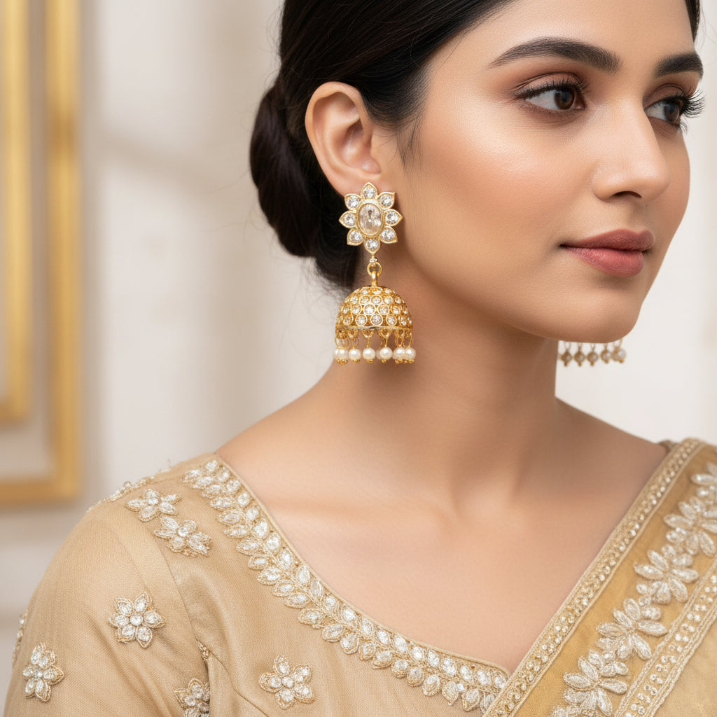 Gold and pearl earrings on a black stand with 'SAHELI' branding.