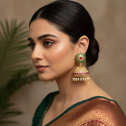 Ornate earrings with gemstones and pearls on a dark background, featuring the brand 'Saheli'.