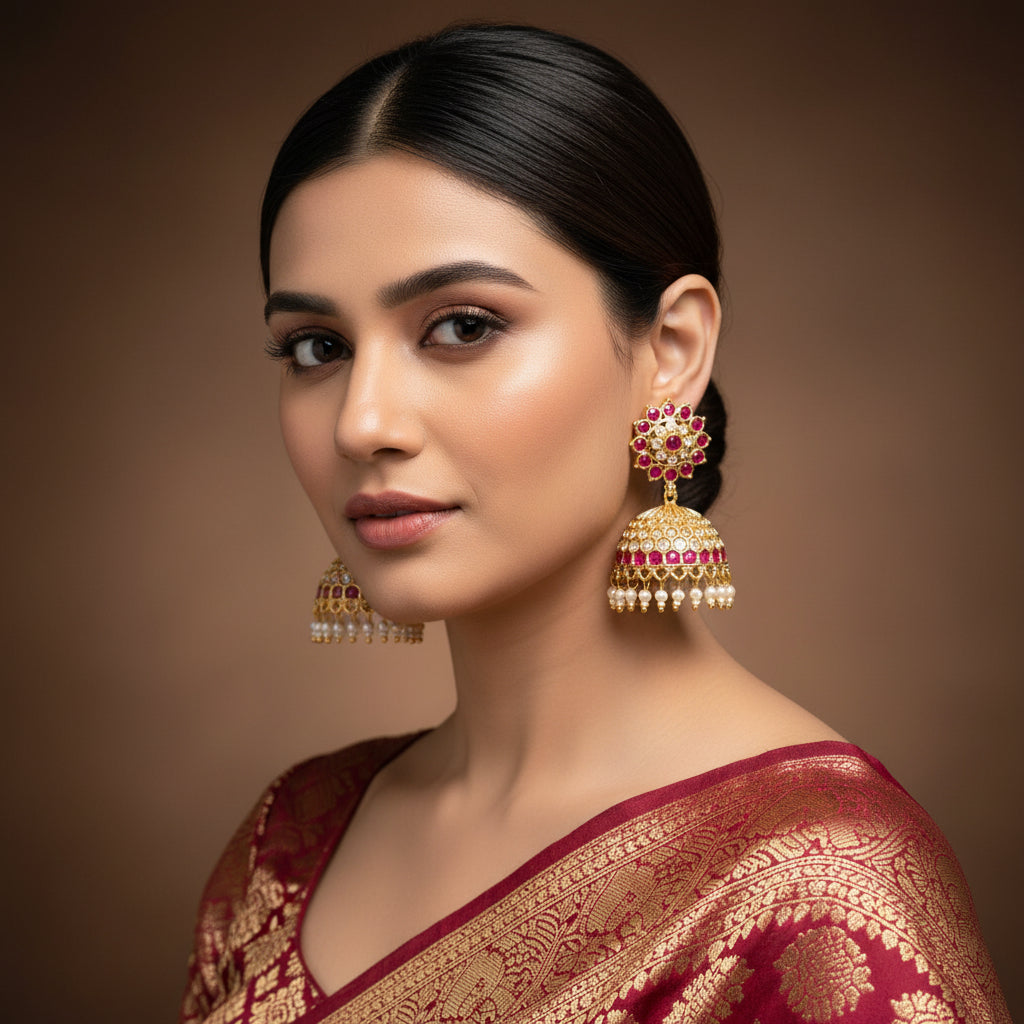Gold and red gemstone earrings on a black stand with 'Saheli' branding.