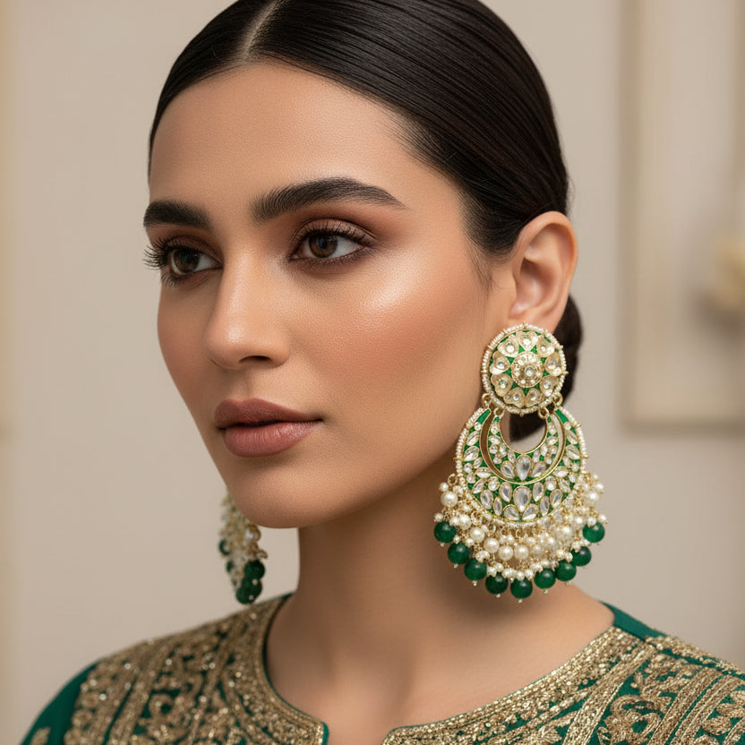 Pair of ornate earrings with green and pearl-like stones on a dark background