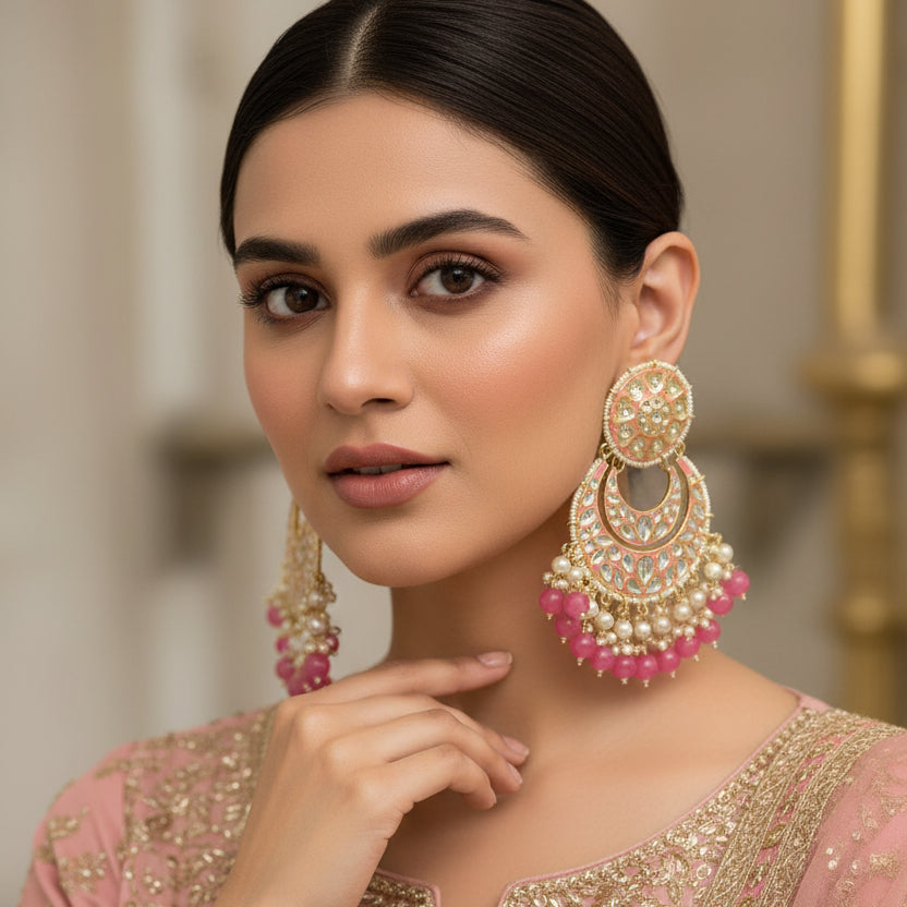 Pair of ornate earrings with pink and white beads on a dark background, featuring the brand 'SAHELI'.
