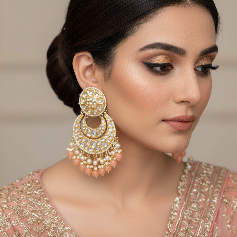 Pair of ornate earrings with gold and pink elements on a dark background
