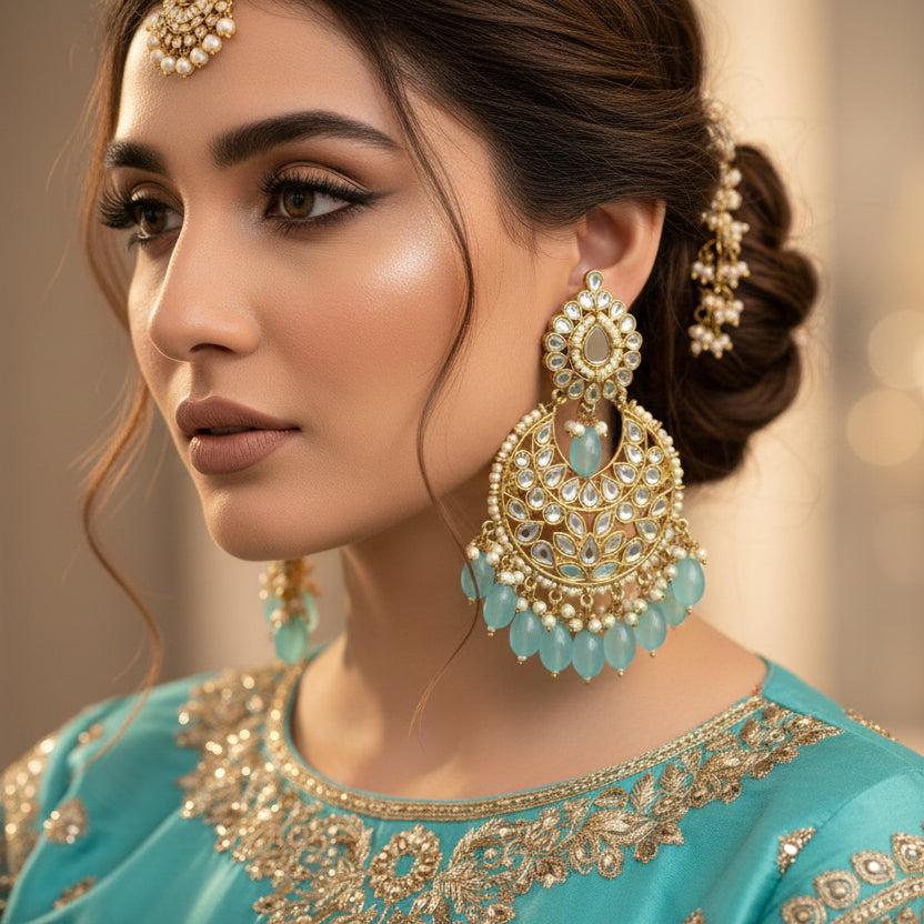 Pair of gold and turquoise earrings on a dark background