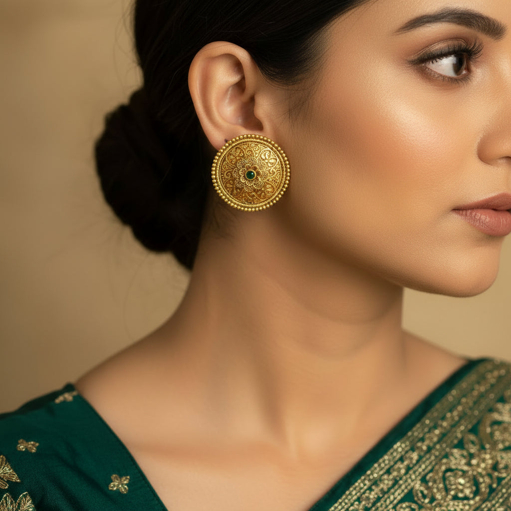Pair of gold earrings with intricate designs on a black background