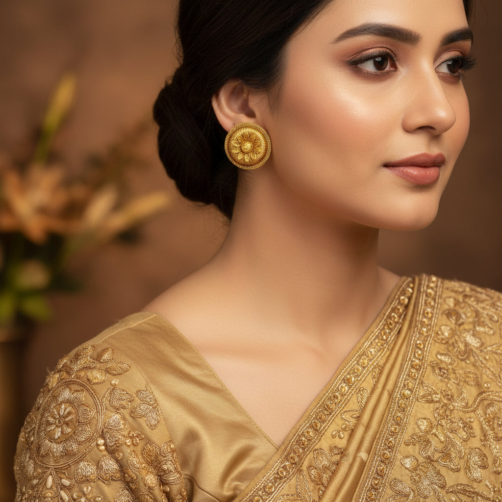 Pair of gold floral earrings on a dark gray background