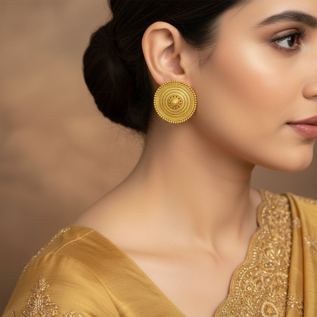 Pair of gold circular earrings on a dark gray background