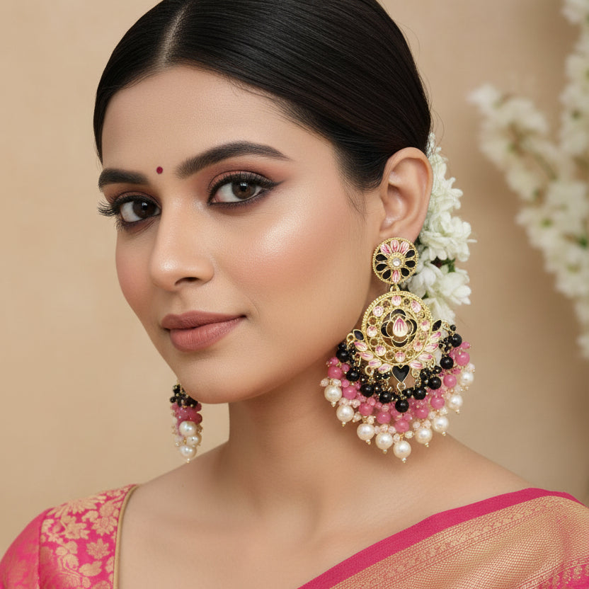 Ornate earrings with pink, black, and gold details on a dark background