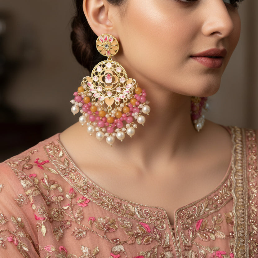 Pair of ornate earrings with gold, pink, and pearl details on a black background