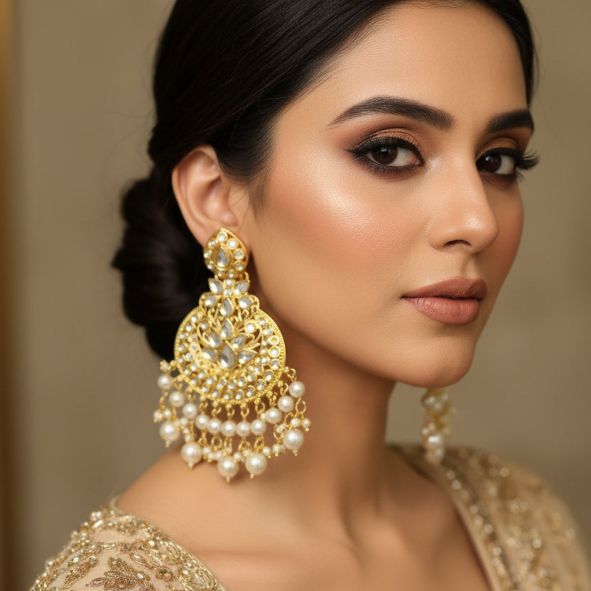 Pair of gold and pearl earrings on a black background