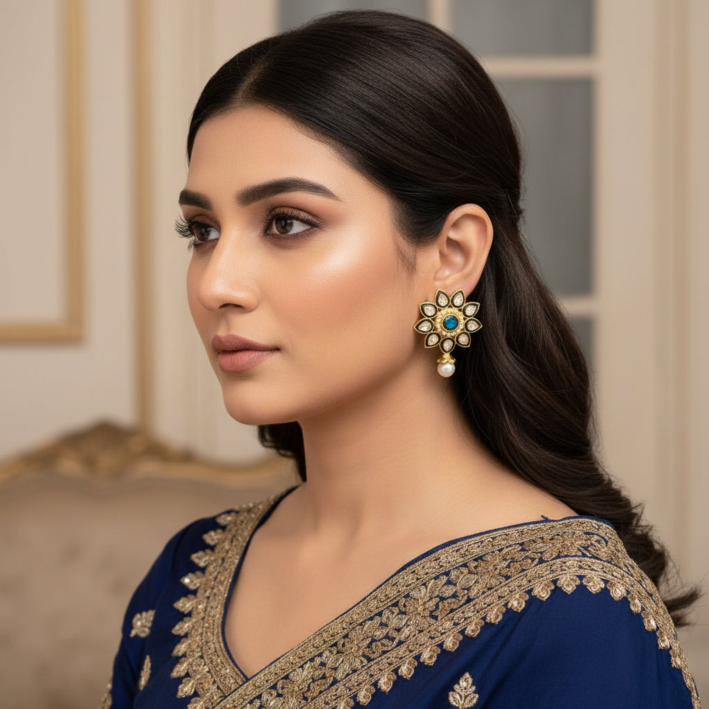 Decorative earrings with gold, blue, and pearl details on a dark background, featuring the brand 'Saheli'.