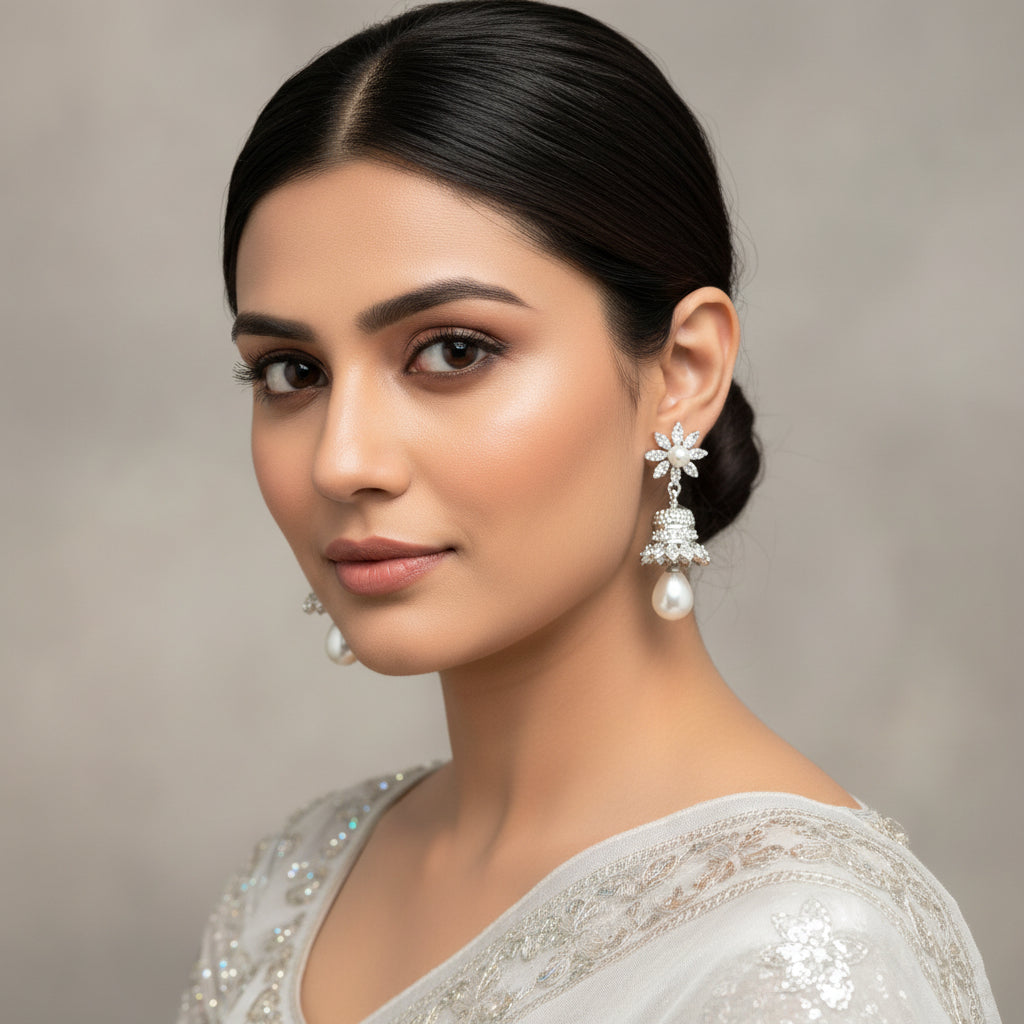 Pair of silver earrings with pearl drops on a gray background