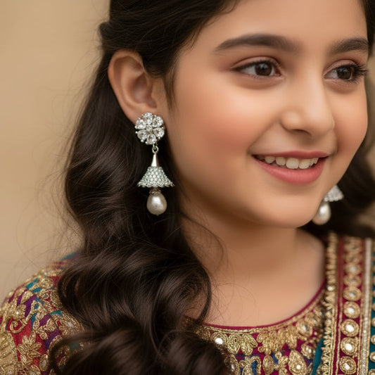 Pair of silver earrings with floral top and pearl drop on a black background