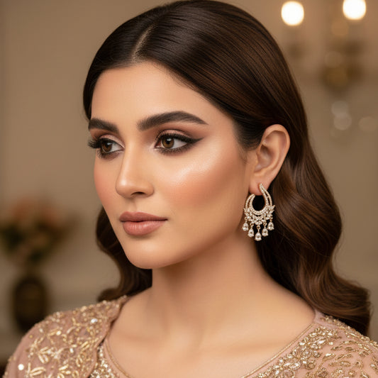 Pair of gold and diamond earrings on a black background