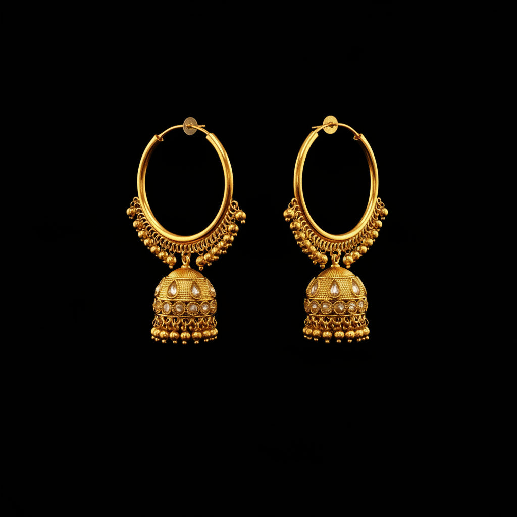 A pair of gold-toned traditional hoop earrings with dangling bell-shaped jhumka charms, displayed on a black jewelry stand against a gray background.