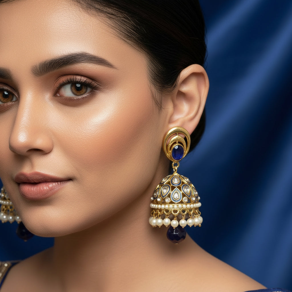 Gold and blue earrings with pearls on a dark background, branded 'Saheili'.