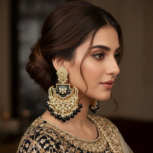 Pair of ornate earrings with black beads on a dark background