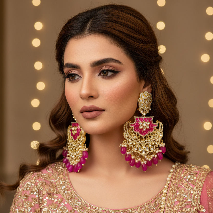 Ornate earrings with pink and gold design on a black background