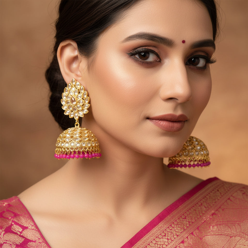 Gold and pink earrings on a gray ribbon against a light blue background