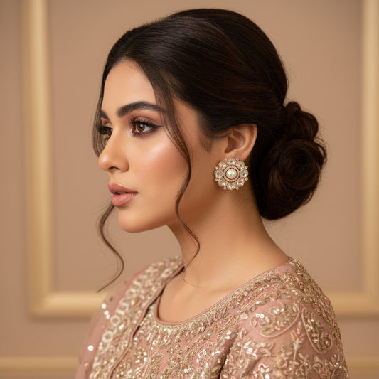 Pair of gold and pearl earrings on a black background